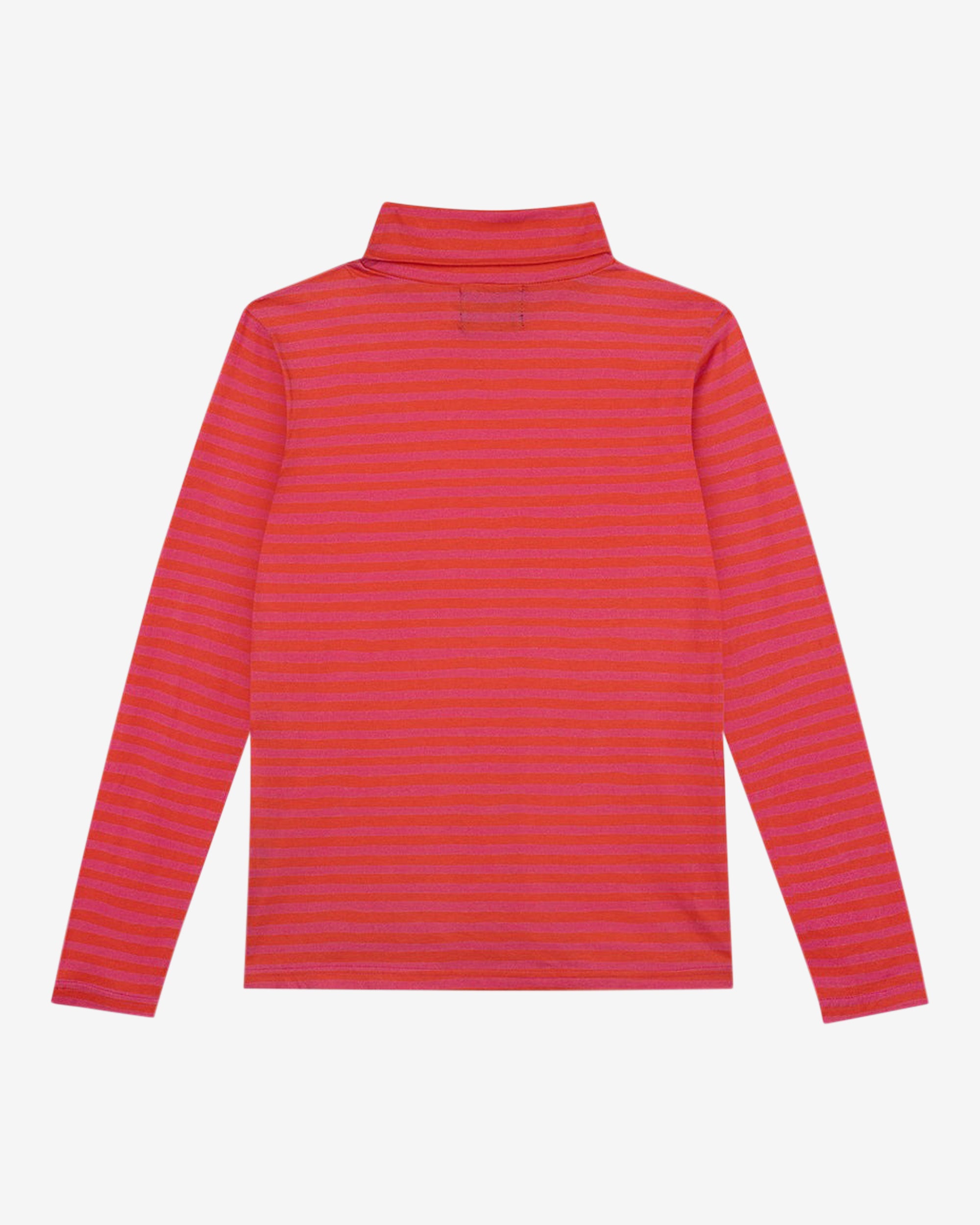 A long-sleeved pink striped organic cotton roll neck t-shirt.