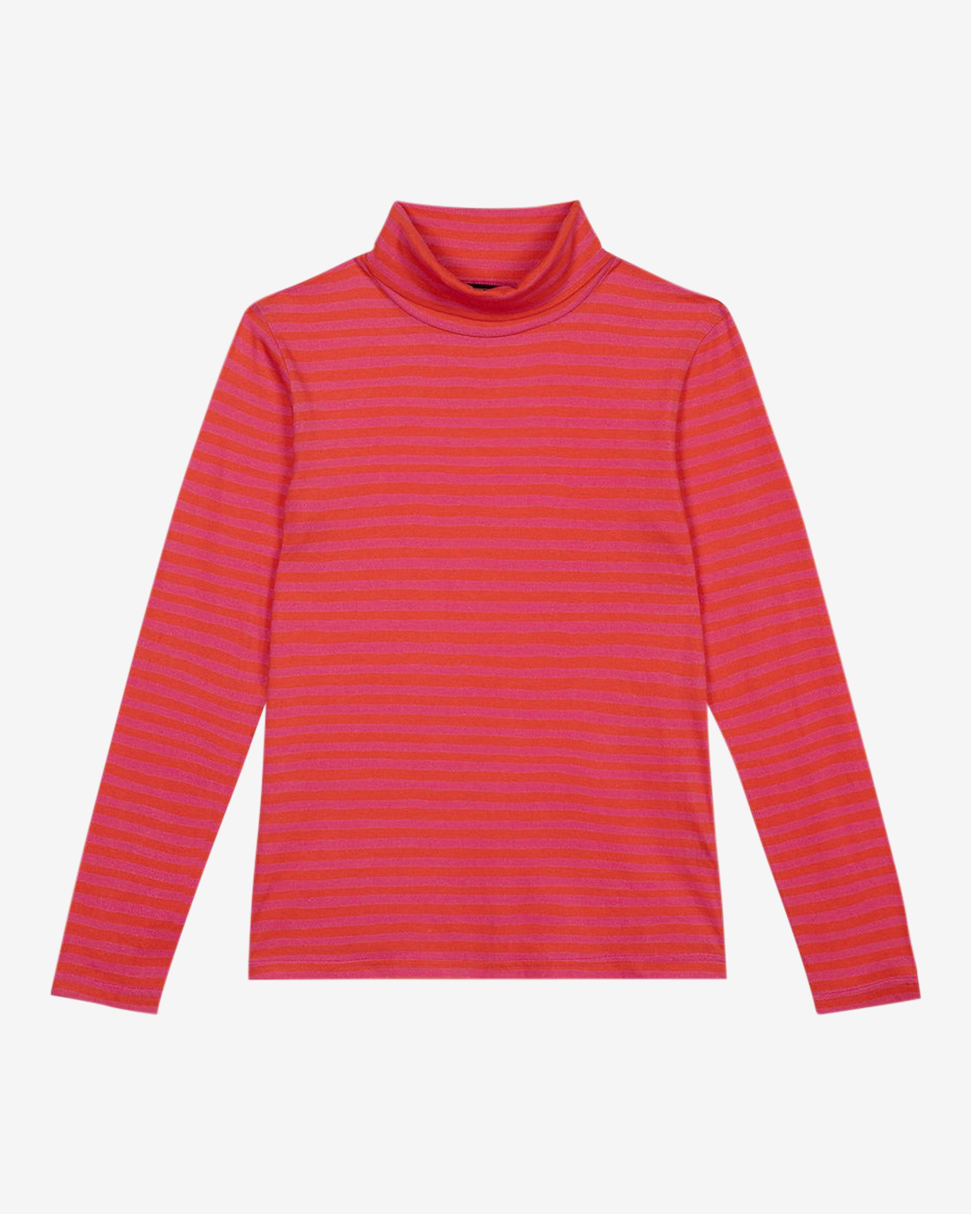 A long-sleeved pink striped organic cotton roll neck t-shirt.