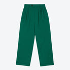A pair of green pleat front trousers with a tab front opening and back jet pockets.