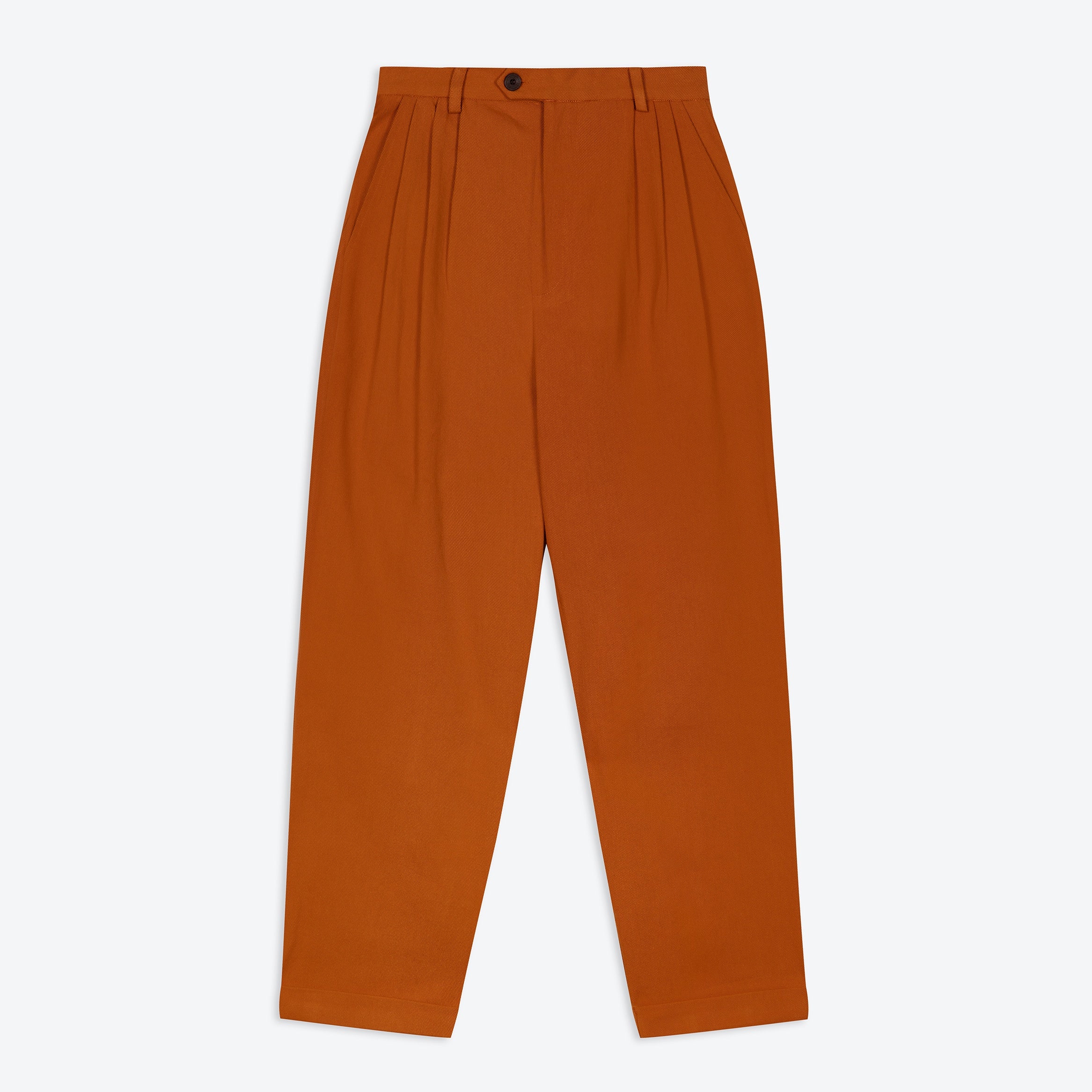 A pair of Lowie Drill Pumpkin Pleat Front Trouser in orange color, made from cotton drill fabric.