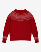 A red and pink colorwork crew neck sweater with rib-knit trims and a round neckline.