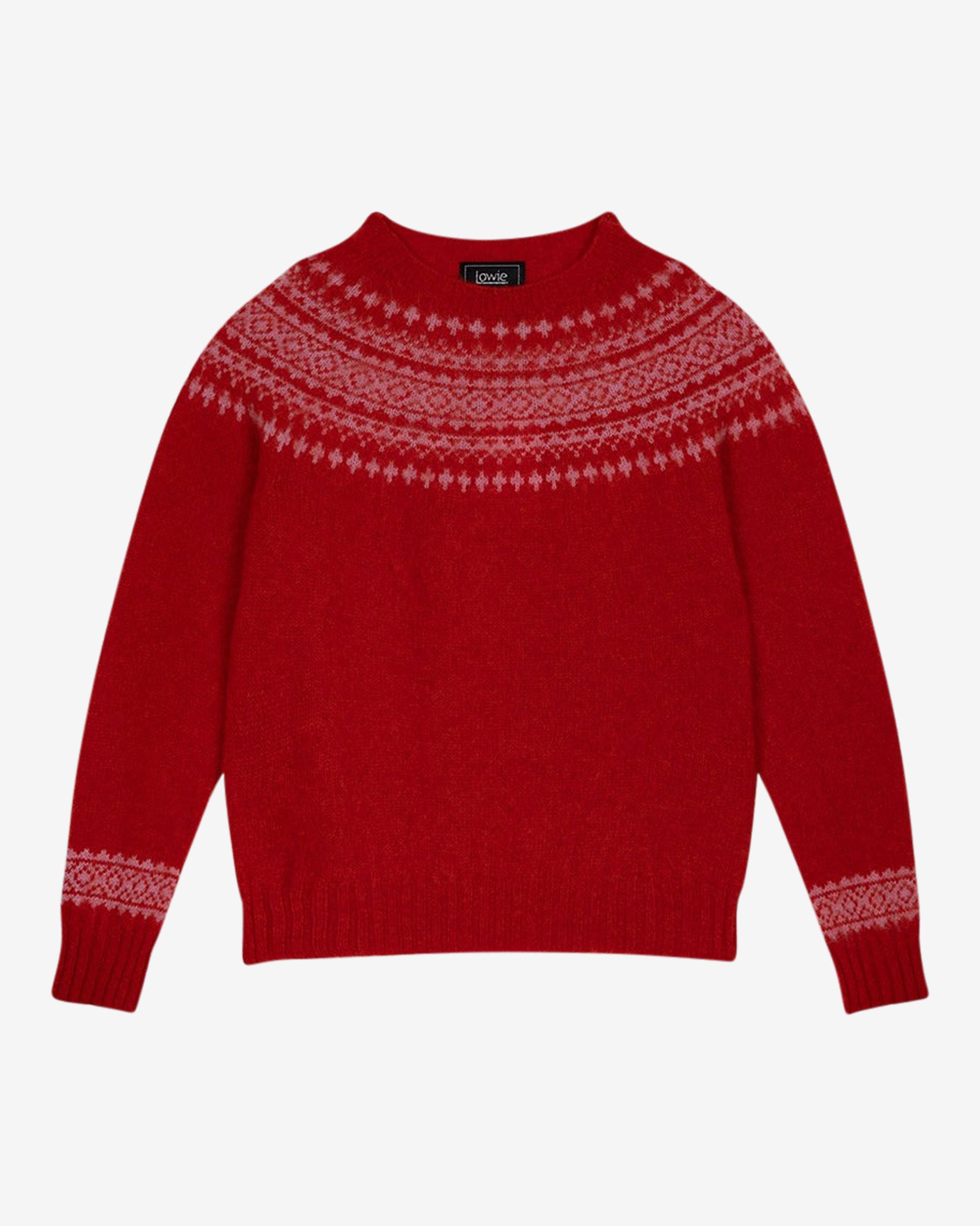 A red and pink colorwork crew neck sweater with rib-knit trims and a round neckline.