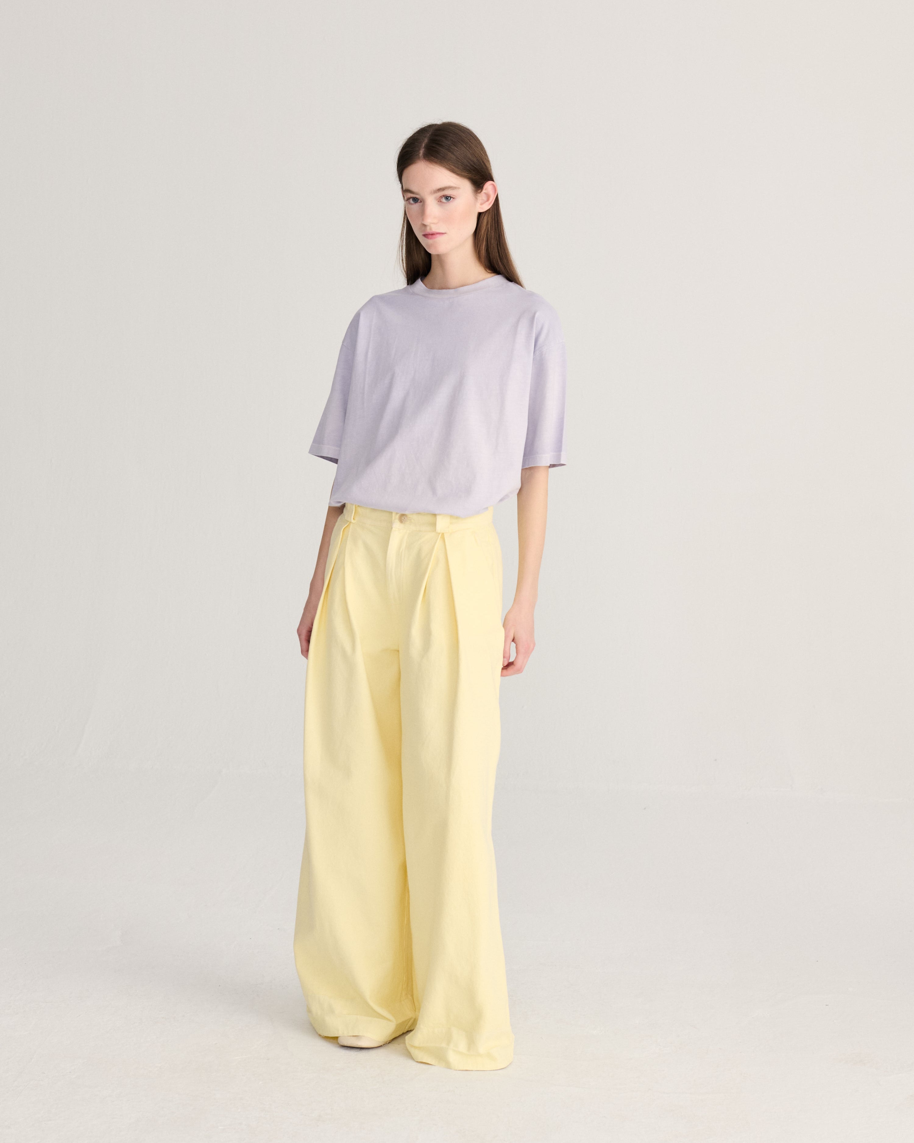 A model stands against a light gray studio background wearing a short-sleeve lavender-gray t-shirt and high-waisted, wide-leg pale yellow trousers.
