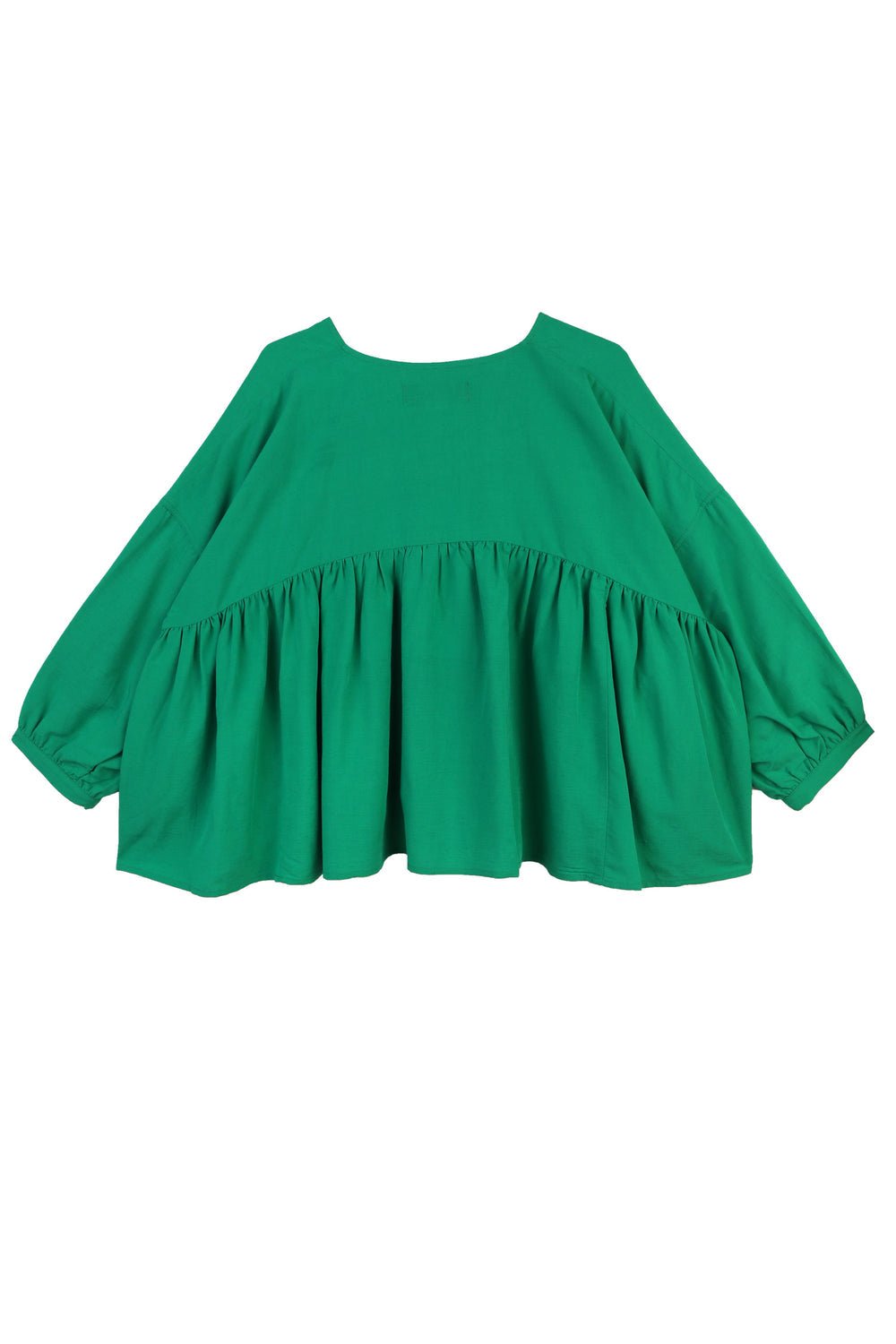 A vibrant grass green, voluminous statement top with a V-neckline and 3/4 length sleeves.