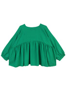 A vibrant grass green, voluminous statement top with a V-neckline and 3/4 length sleeves.