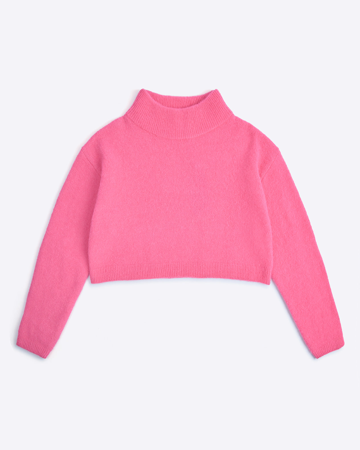 Pink turtleneck sweater on a light purple background