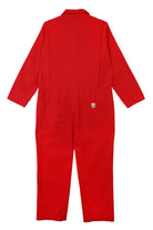 Red coverall with a brand logo on a white background