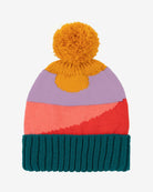 A striped beanie with a yellow pom pom on top, pink and purple body, and a teal turn-up rim.