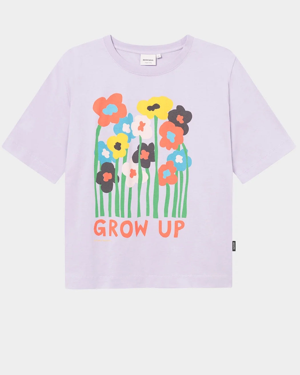 A relaxed fit purple T-shirt with a graphic of flowers and the text 'GROW UP' designed by Luke John Arnold.