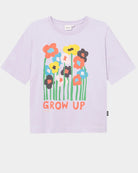 A relaxed fit purple T-shirt with a graphic of flowers and the text 'GROW UP' designed by Luke John Arnold.