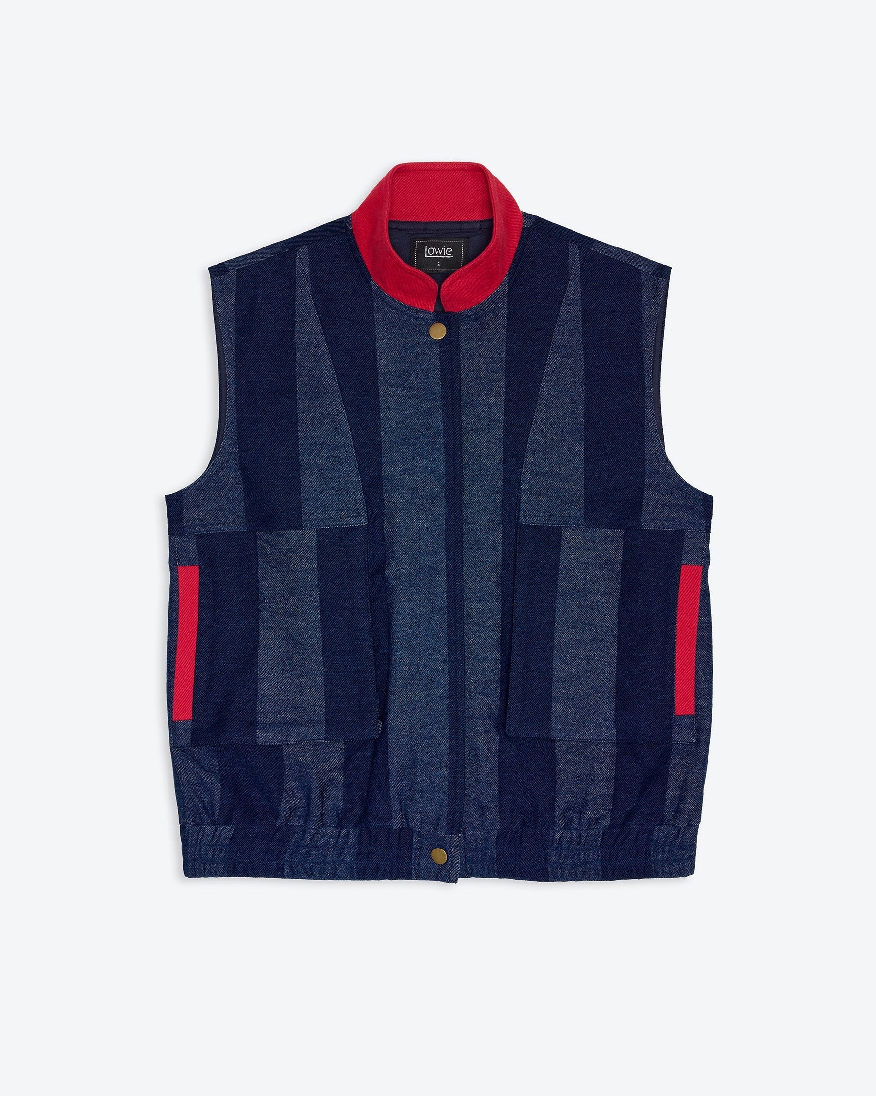 Navy denim stripe Gilet with red accents on a white background