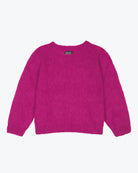 A fuchsia pink mohair sweater with a round neckline and bracelet length sleeves laid flat on a plain background.