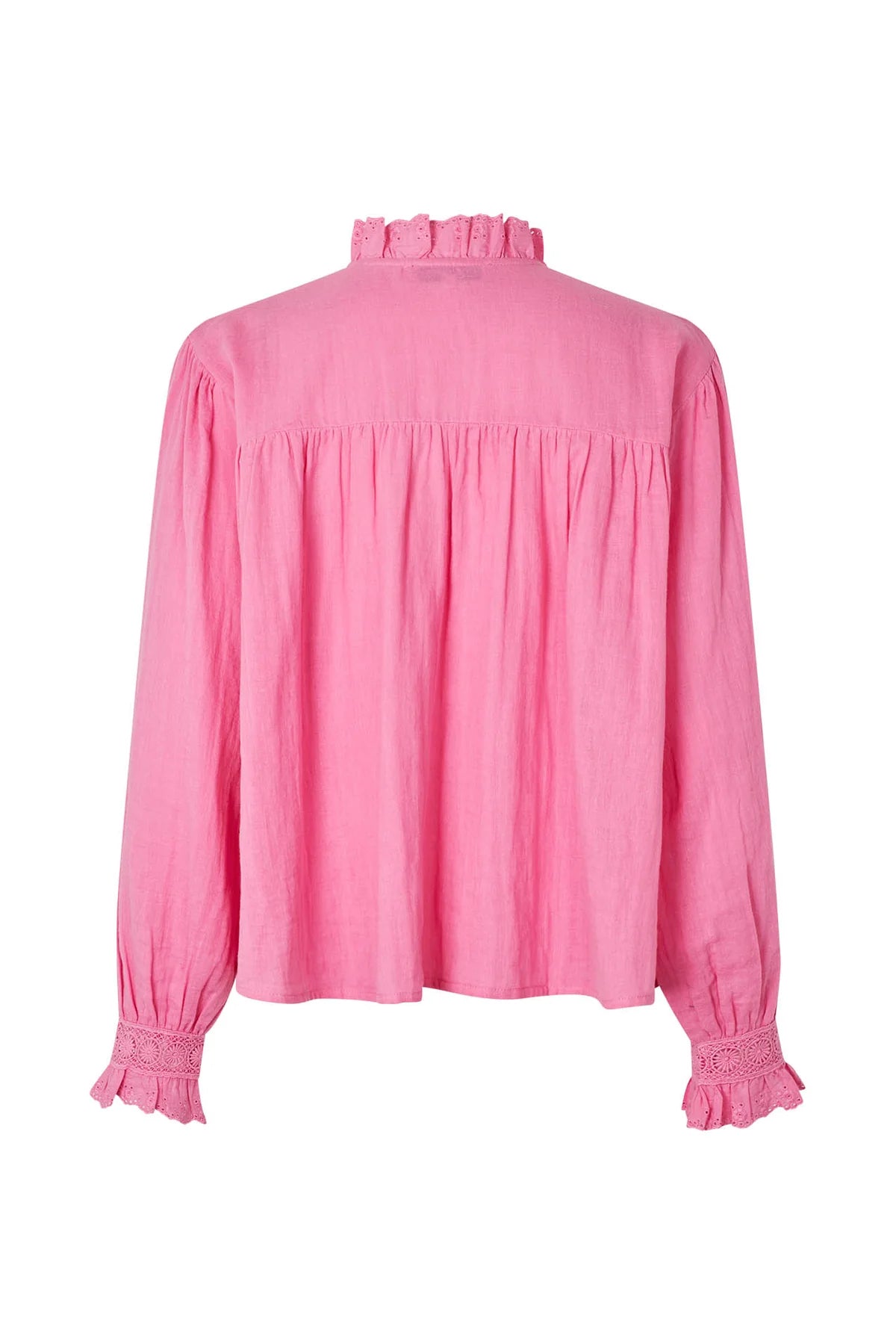 Pink blouse with lace details on a white background