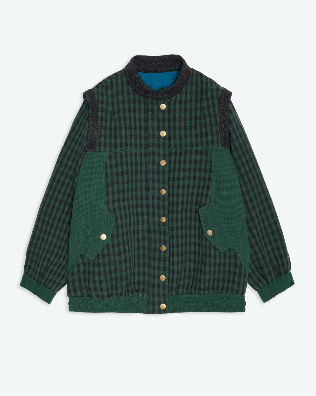 Green checkered jacket with gold buttons on a white background