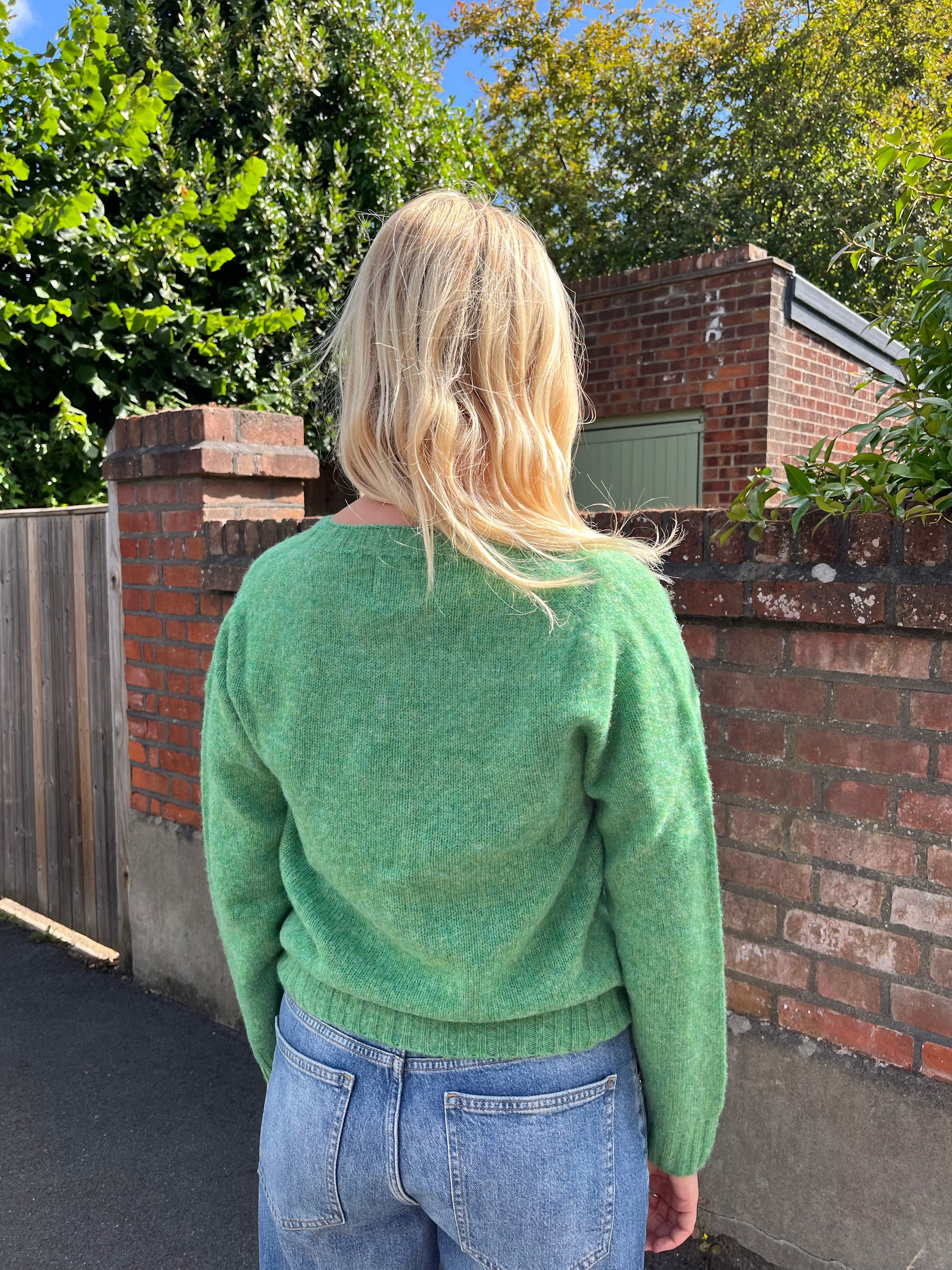 Person wearing a green sweater and blue jeans standing in front of a brick wall with trees in the background.