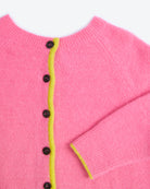 Close-up of a pink cardigan with black buttons and yellow trim on a white background