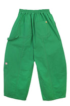 A pair of green cotton workwear style trousers with high elasticated waist and utility style pocket detailing.