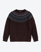 Brown sweater with a colorful pattern on a white background