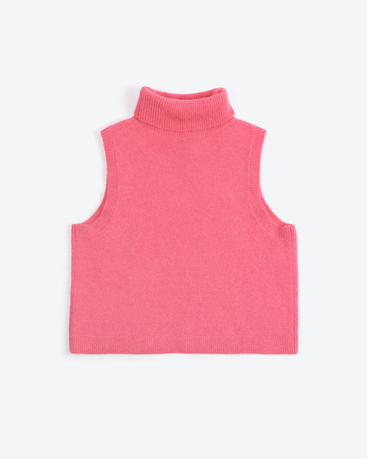 Pink sleeveless turtleneck sweater on a white background