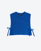 A cobalt blue sleeveless vest with a round neckline and adjustable side ties.