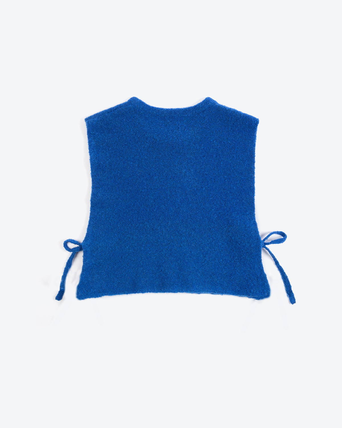 A cobalt blue sleeveless vest with a round neckline and adjustable side ties.