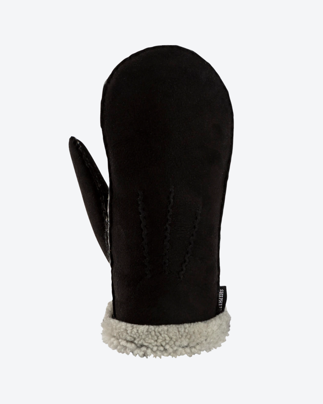 Black mitten with gray fur cuff on a white background