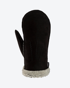 Black mitten with gray fur cuff on a white background