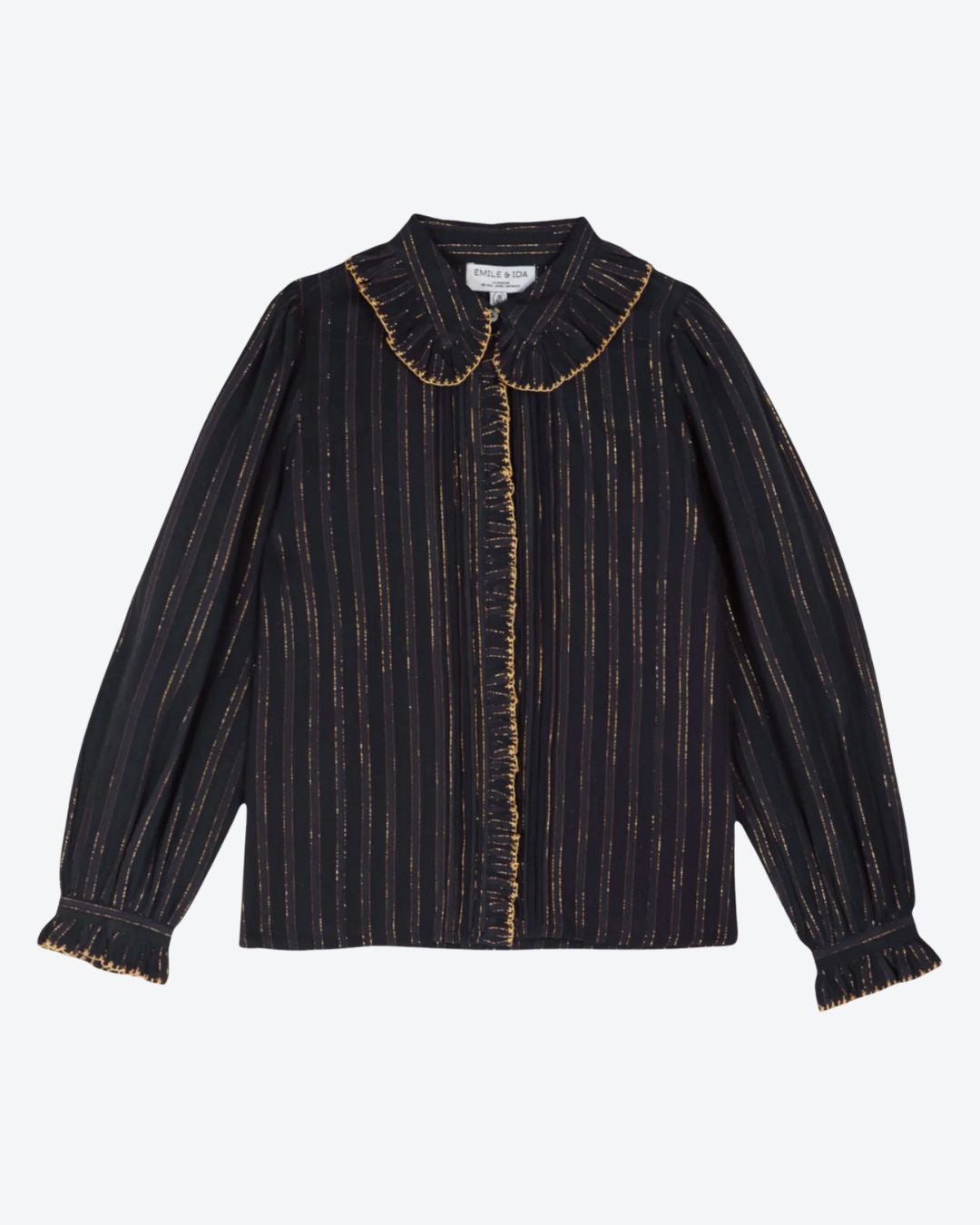 Black striped blouse with gold trim on a white background