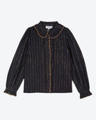 Black striped blouse with gold trim on a white background