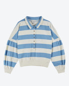 Blue and white striped sweater on a light gray background