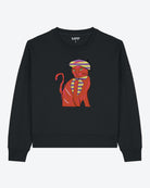 Black sweatshirt with a graphic print of a red and orange cat wearing a Parisian style hat and scarf.