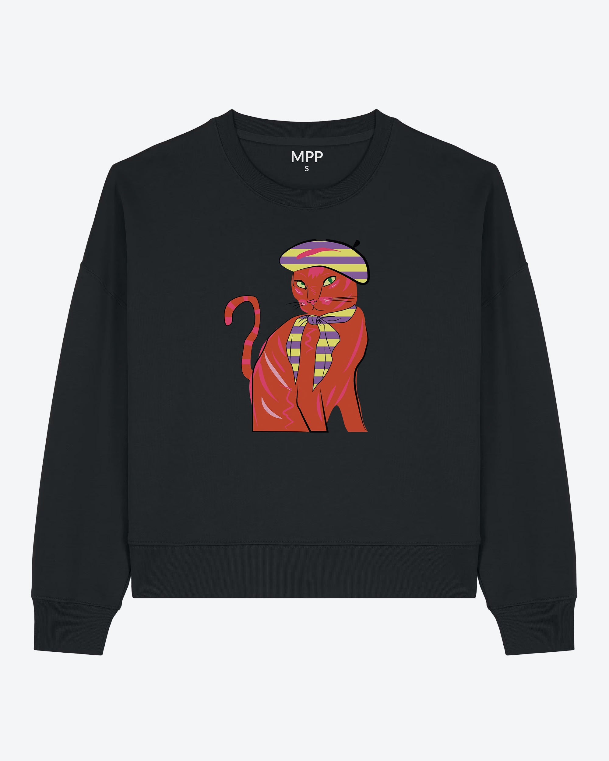 Black sweatshirt with a graphic print of a red and orange cat wearing a Parisian style hat and scarf.