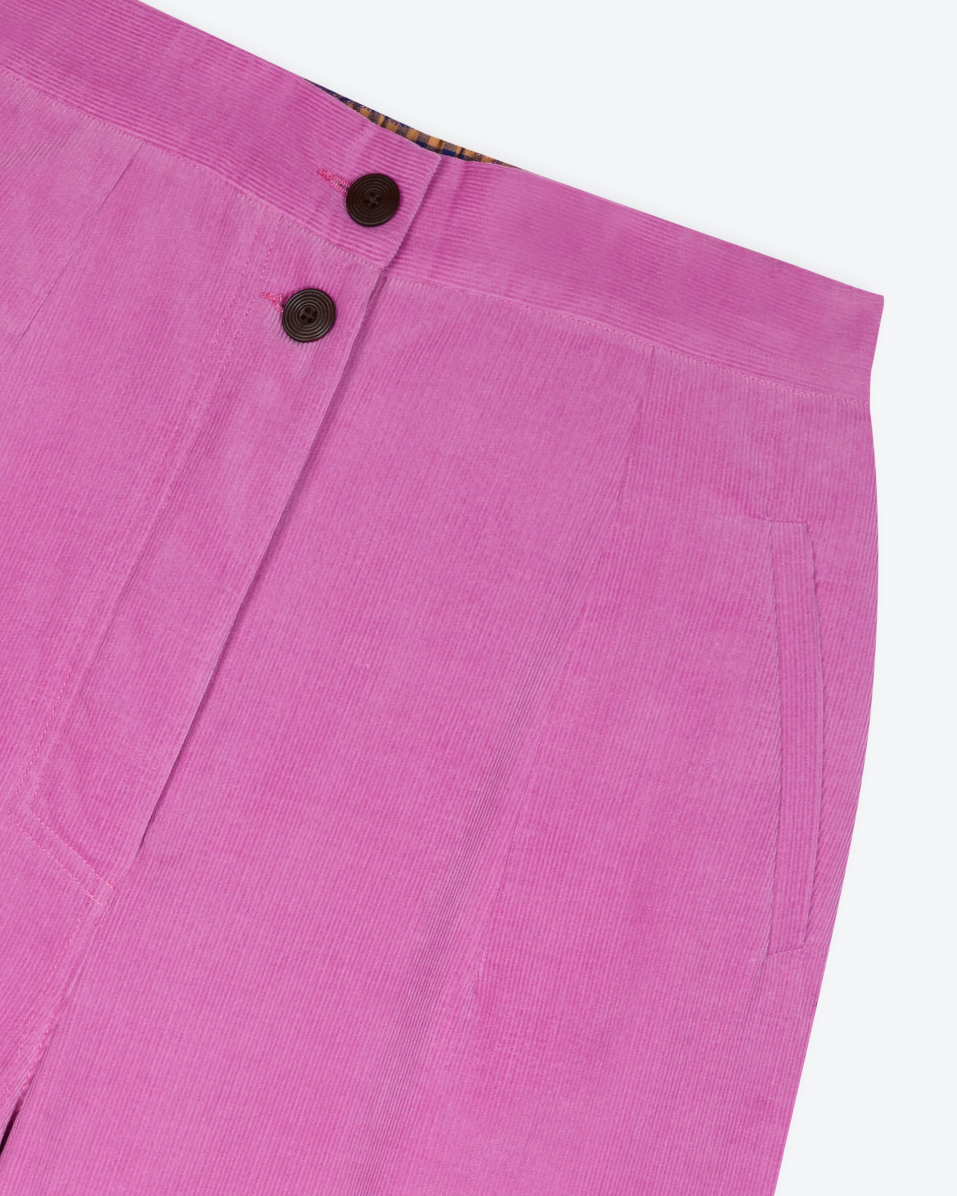 Close-up of pink pants with a button on a white background