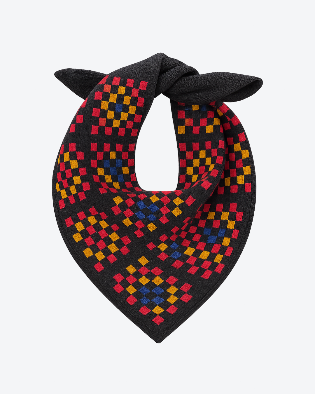 Colorful checkered bandana with a black border on a white background