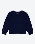 A navy blue mohair sweater with long sleeves and a round neckline laid flat on a plain background.