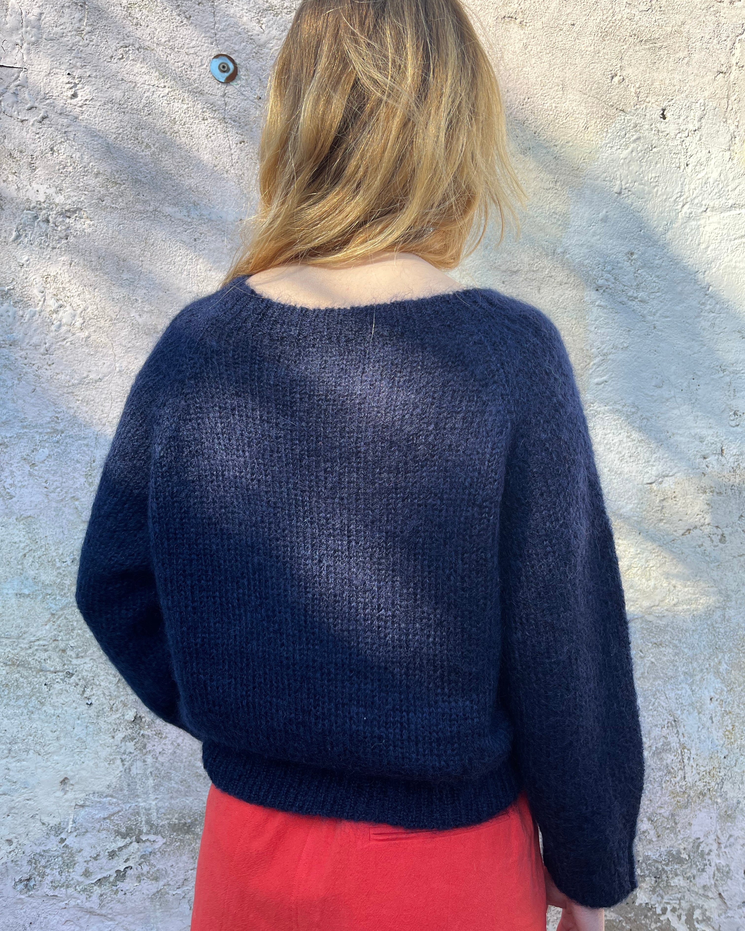 Back of Person wearing Navy Mohair Jumper 