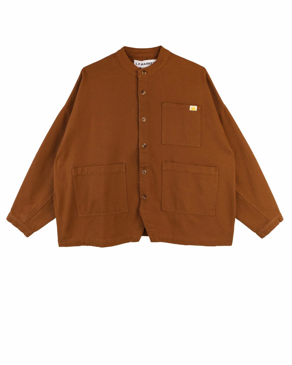 A brown utility jacket with a mandarin collar, button-up front, and four front pockets, laid flat against a white background.
