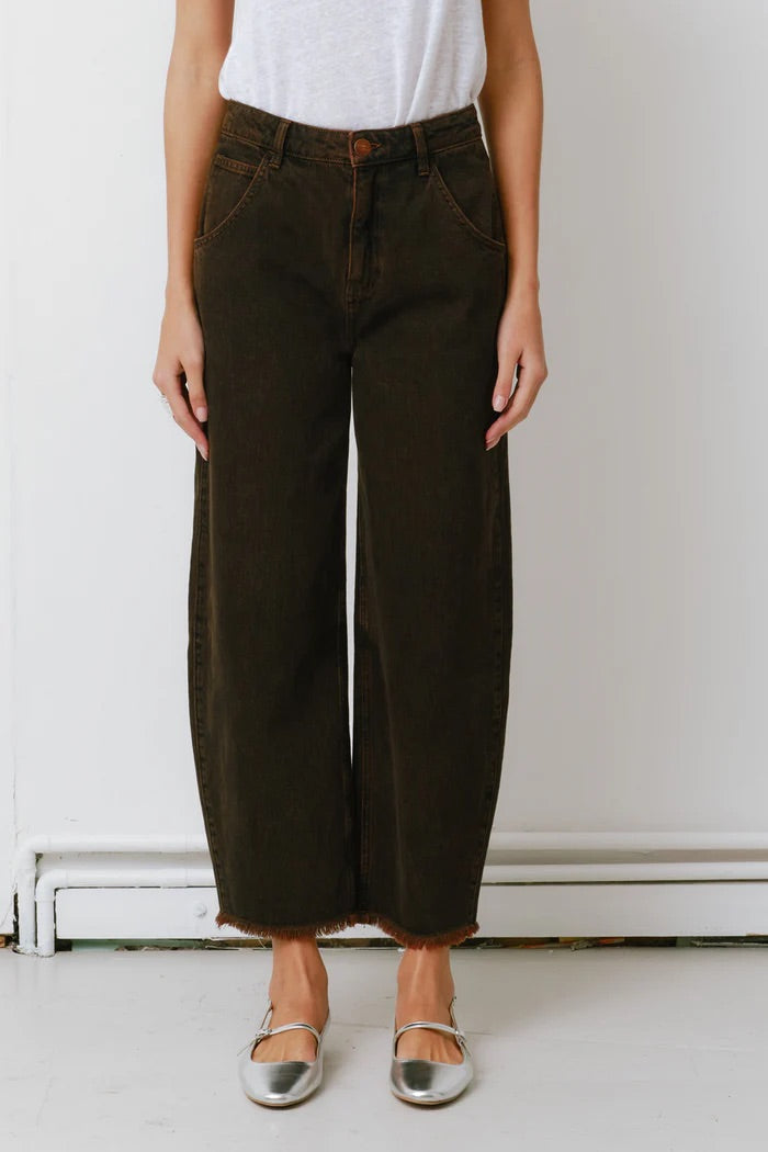 Person wearing dark green wide-leg pants and a white top against a plain background