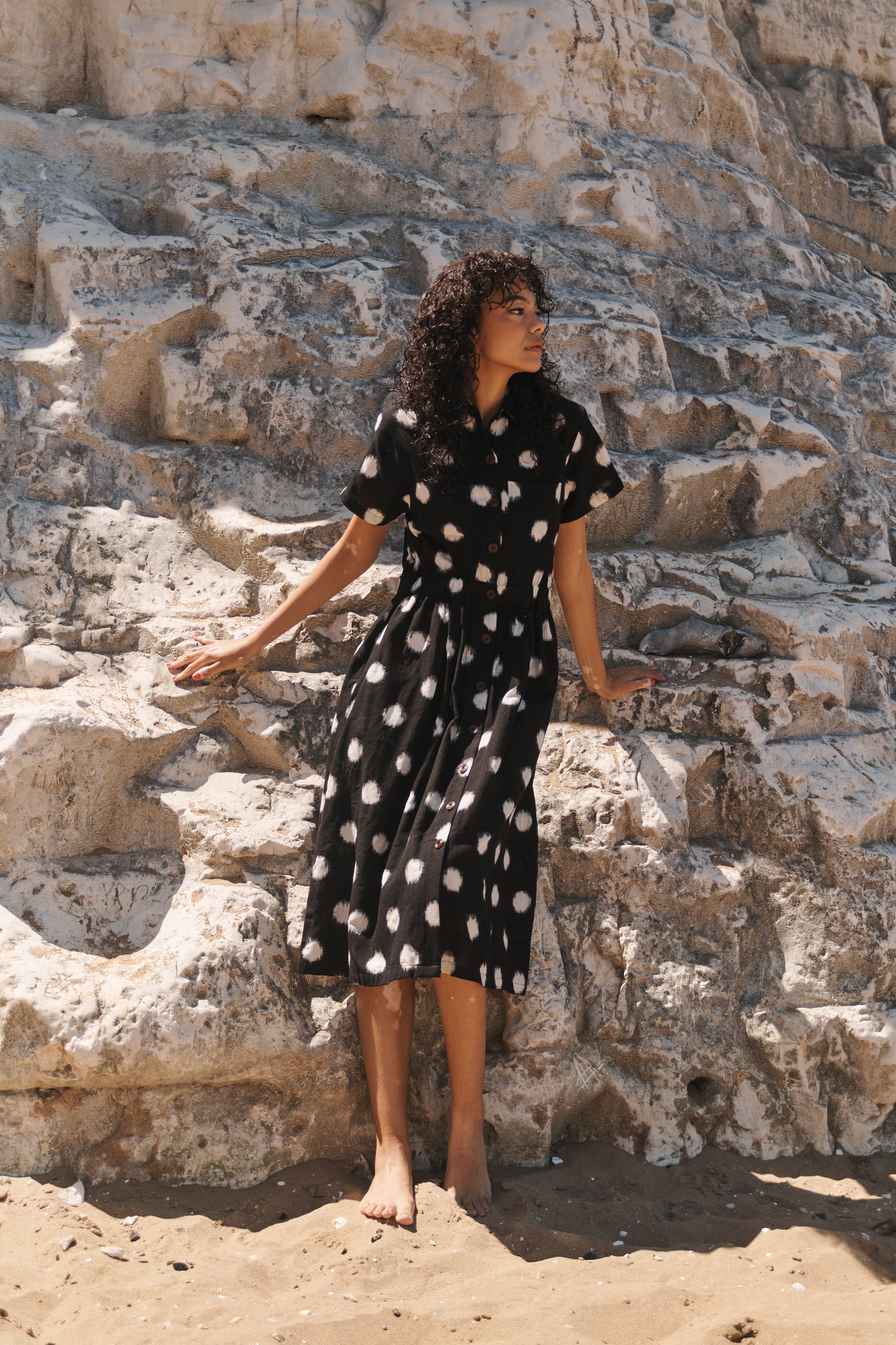 Lowie Model Wearing Ikat shirt dress