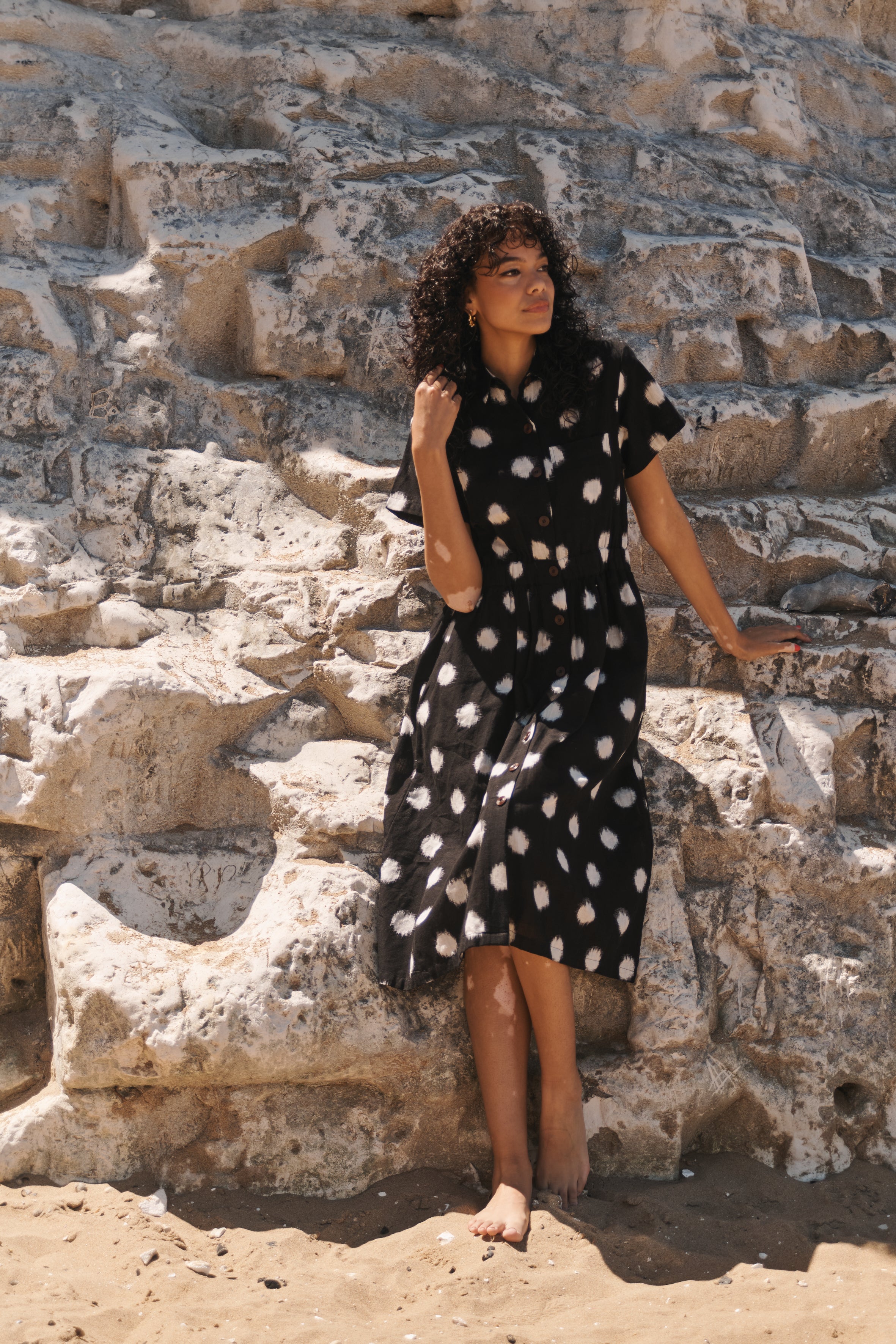 Lowie model wearing Ikat shirt dress