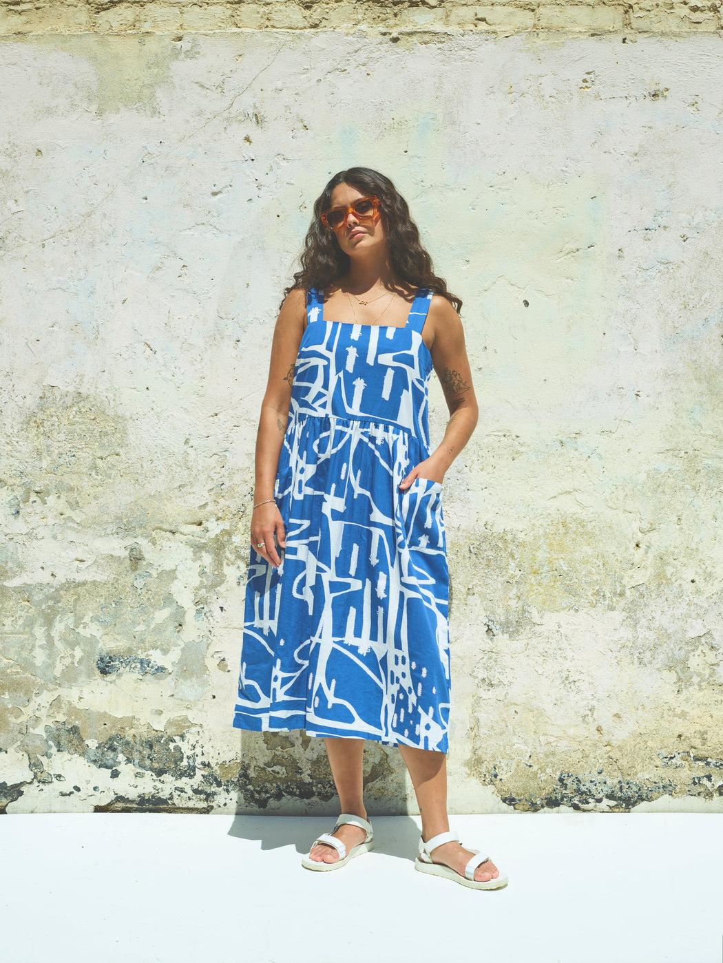 Miss Pompom Blue Paintsplash Strappy Sun dress