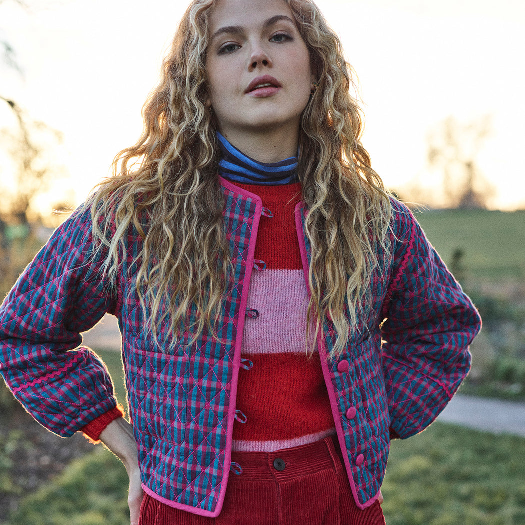 Lowie Teal and Red Check Quilted Jacket