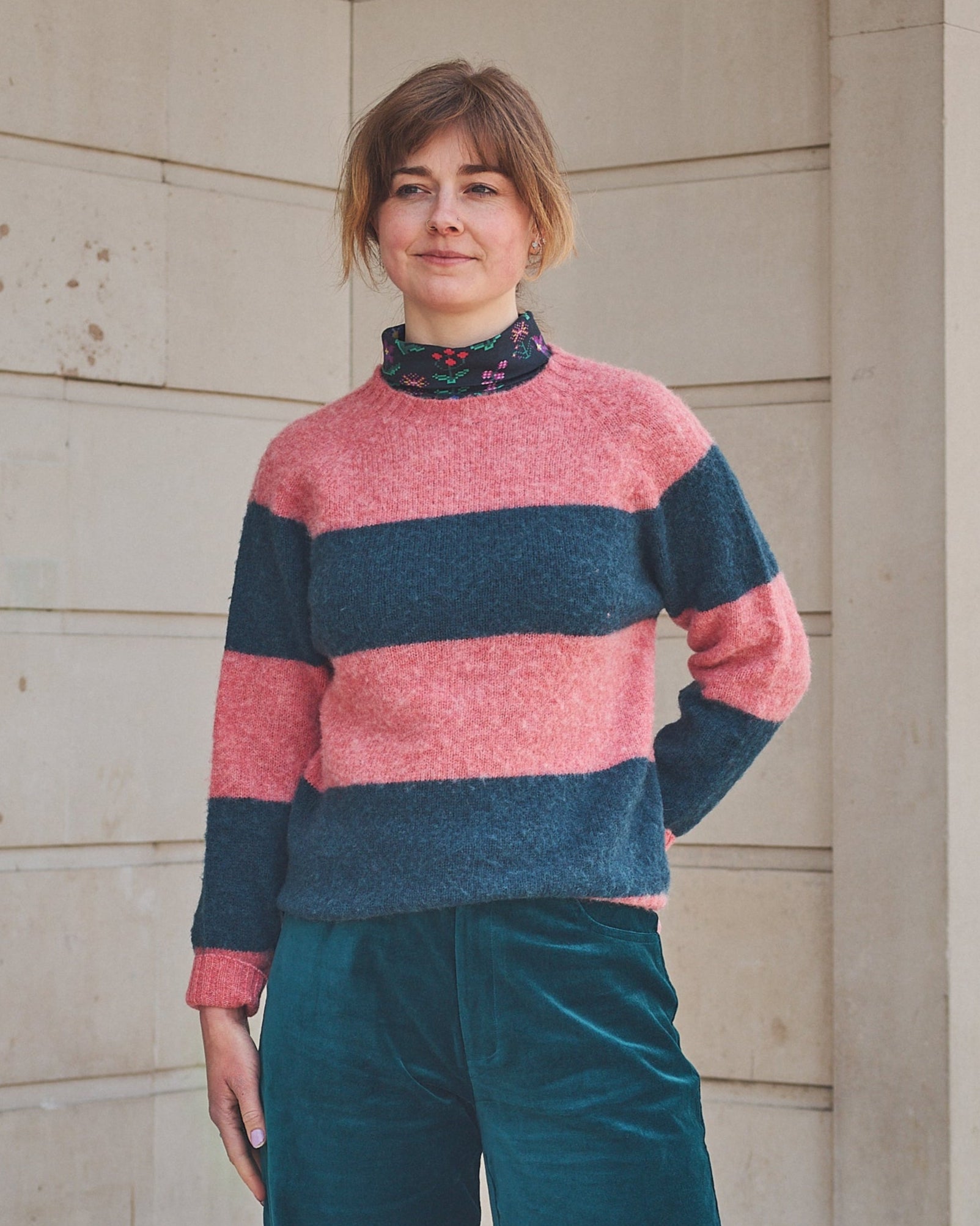 Rose + Teal Stripe Scottish Jumper
