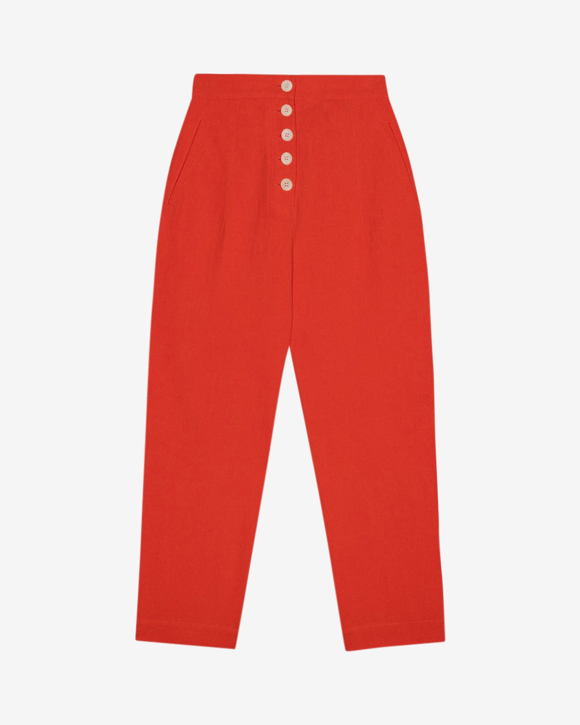A pair of red cotton linen trousers with side welt pockets and a row of buttons down the front.