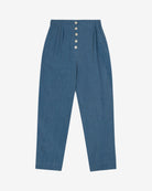 Washed blue cotton linen trousers with side welt pockets and elasticated waist at the back, featuring five corozo buttons down the front.