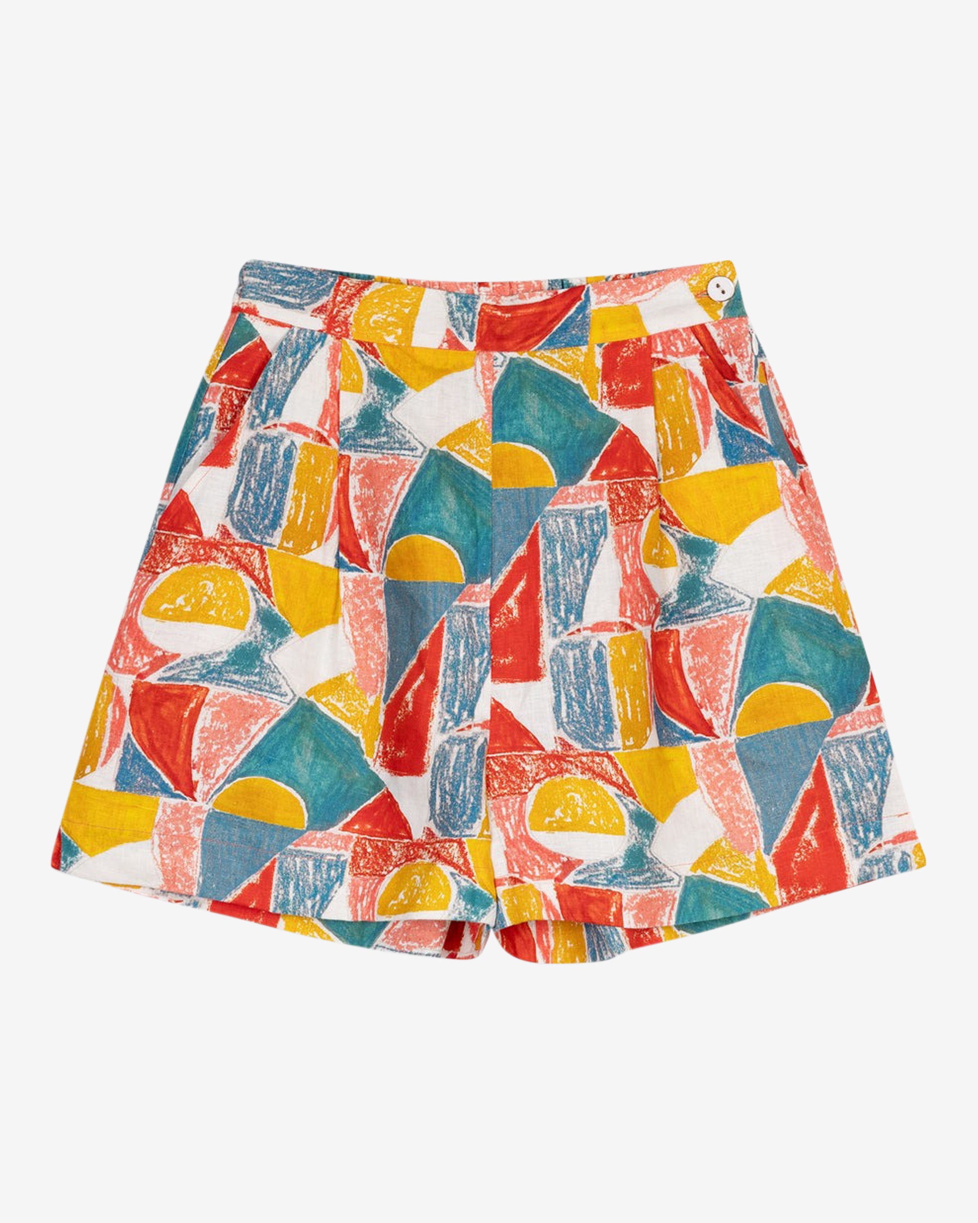 High waisted mid thigh length shorts with a colorful geometric pattern. The shorts have front pleats and a flat fronted waist.