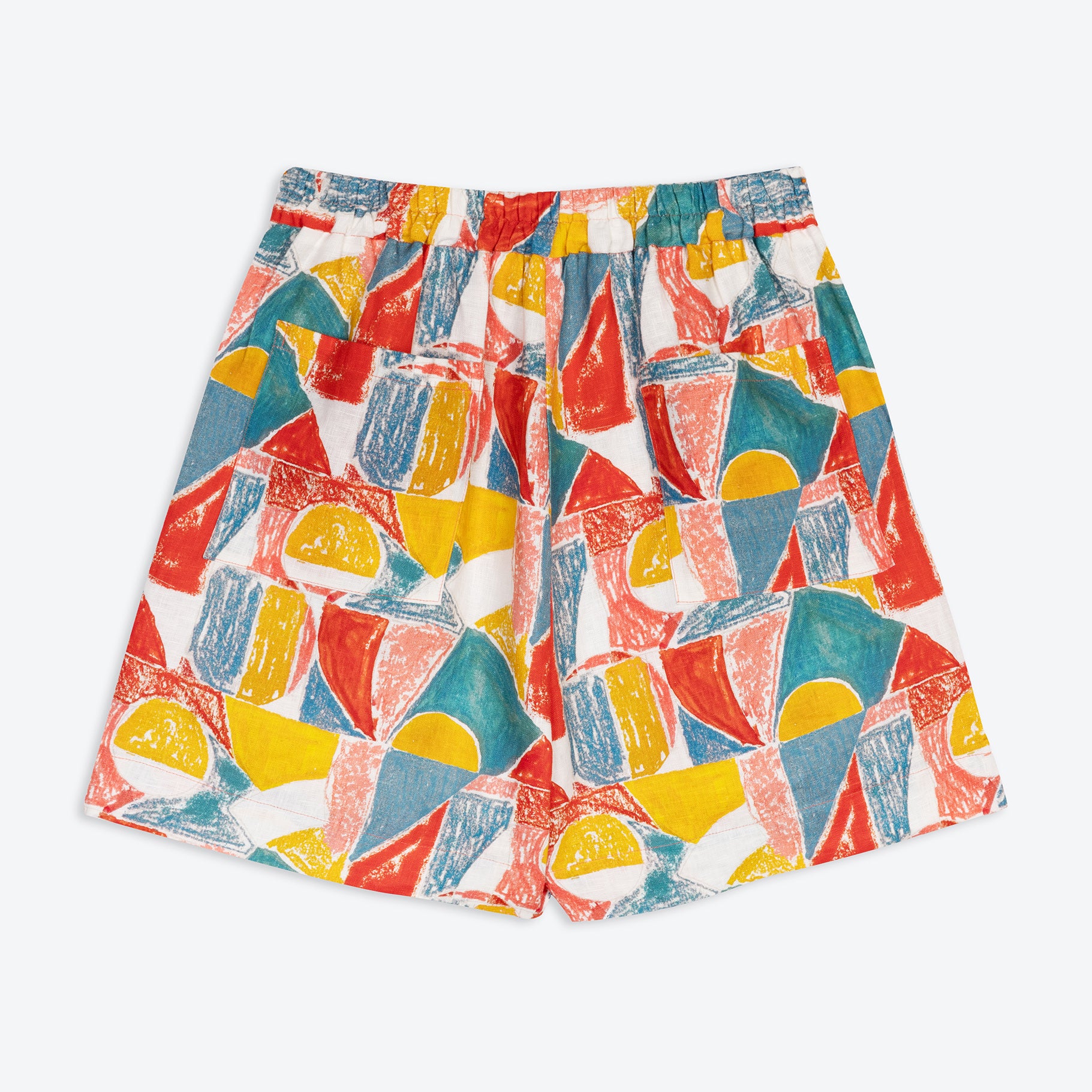 High waisted mid thigh length shorts with a colorful geometric pattern. The shorts have front pleats and a flat fronted waist.