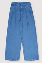 A pair of blue denim jeans with a straight-leg silhouette and back pockets featuring embroidery.