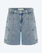 Blue denim shorts on a white background