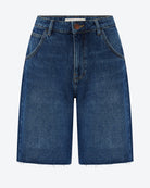 Blue denim shorts on a white background